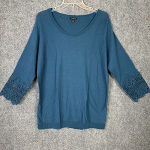 Talbots Sweater Long Sleeve With Crochet Cuffs Fine Knit Women L Teal Green